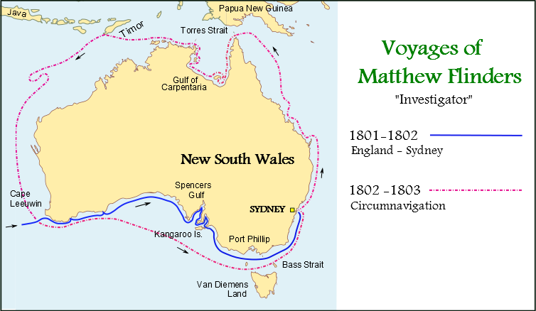 Map showing Matthew Flinders’s voyages around Australia